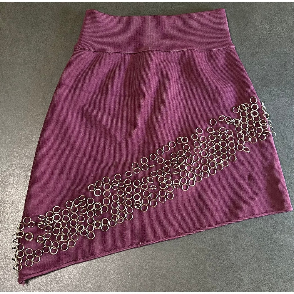 MLV Mini‎ Skirt Sz XS Purple Silver Ring Embellished Ribbed Asymmetric Edgy Club